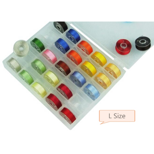 Plastic sided "L" bobbins in box, mixed colours